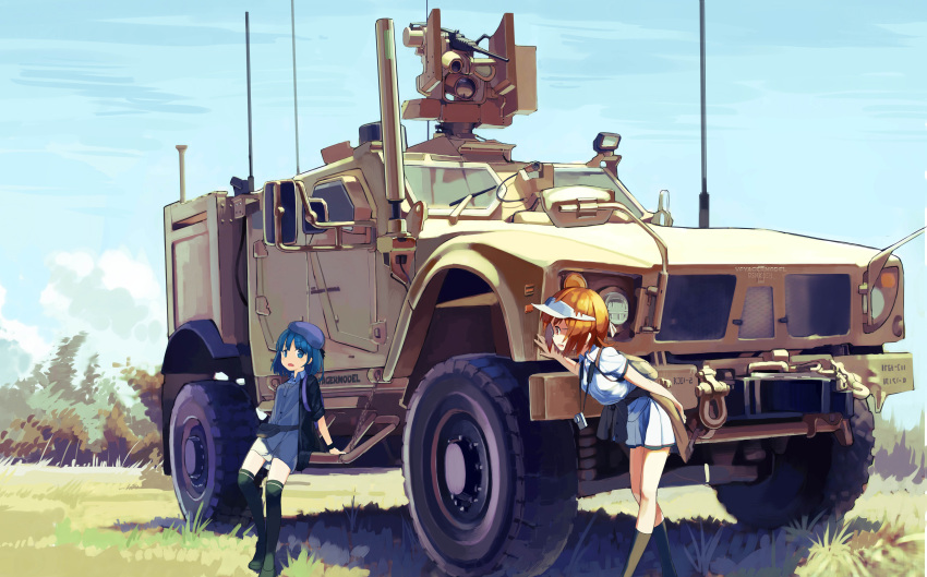 2girls, absurdres, arm_behind_back, arm_support, backpack, bag, beret, black_footwear, black_jacket, black_legwear, blue_dress, blue_eyes, blue_hair, blue_hat, blue_sky, brown_eyes, brown_hair, browning_m2, bush, clothes_around_waist, clouds, cloudy_sky, collared_dress, collared_shirt, commentary, day, dress, english_commentary, fanny_pack, frown, grass, ground_vehicle, hat, highres, jacket, jacket_around_waist, leaning_back, leaning_forward, long_sleeves, motor_vehicle, multiple_girls, open_mouth, original, oshkosh_m-atv, outdoors, peeking_out, shadow, shirt, shoes, short_dress, short_sleeves, single_horizontal_stripe, sky, sleeves_rolled_up, smile, socks, thigh-highs, visor_cap, white_hat, white_shirt, zhongye_yu