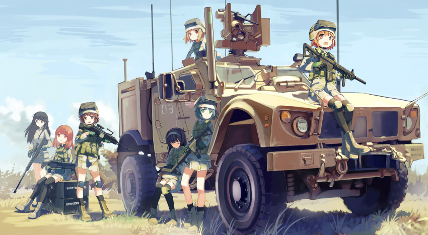 6+girls, absurdres, akiyama_yukari, alternate_costume, assault_rifle, bangs, black_eyes, black_hair, black_legwear, blue_sky, blunt_bangs, body_armor, boots, brown_eyes, brown_footwear, brown_hair, browning_m2, bush, closed_mouth, clouds, cloudy_sky, collared_shirt, combat_boots, commentary_request, cross-laced_footwear, day, derivative_work, eyebrows_visible_through_hair, girls_und_panzer, gloves, goggles, goggles_on_headwear, grass, green_gloves, grey_jacket, grey_shirt, ground_vehicle, gun, hairband, harness, hat, headset, helmet, highres, holding, holding_gun, holding_weapon, isuzu_hana, jacket, knee_pads, lace-up_boots, light_smile, long_hair, long_sleeves, looking_at_viewer, m16a1, messy_hair, military, military_vehicle, motor_vehicle, multiple_girls, nishizumi_miho, open_mouth, orange_eyes, orange_hair, original, oshkosh_m-atv, outdoors, reizei_mako, rifle, scope, shadow, shirt, short_hair, sitting, skirt, sky, sleeping, sleeping_upright, smile, socks, standing, tactical_clothes, takebe_saori, thigh-highs, weapon, weapon_request, white_hairband, white_hat, white_skirt, zhongye_yu