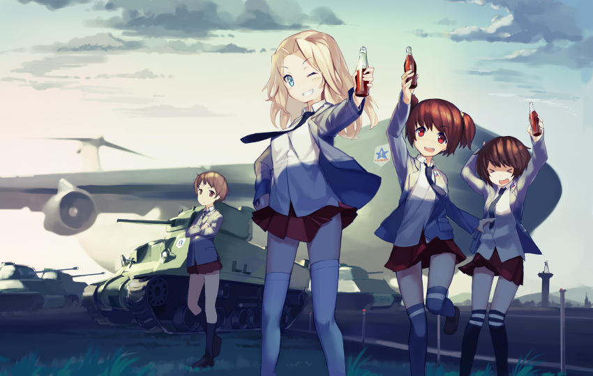 >_<, 4girls, absurdres, akiyama_yukari, alisa_(girls_und_panzer), alternate_costume, arm_up, arms_up