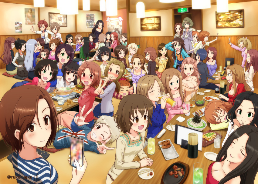abe_nana, absurdres, aihara_yukino, aikawa_chinatsu, araki_hina, beer_mug, cellphone, chopsticks