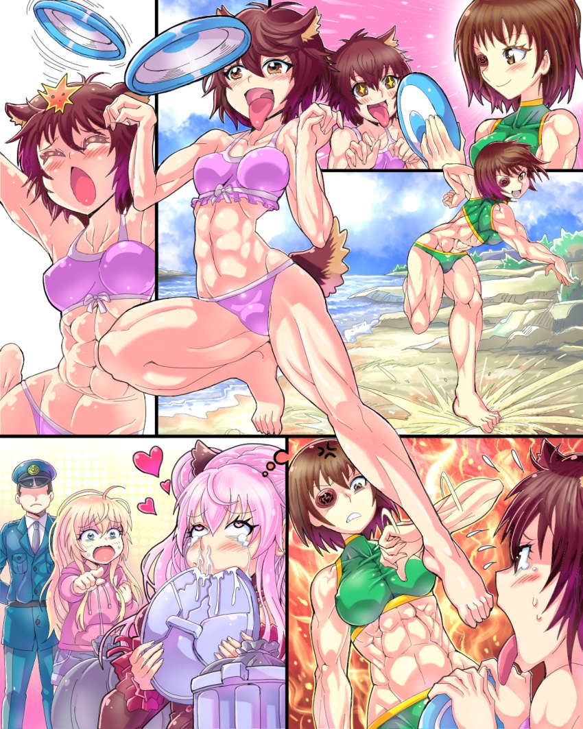 abs, animal_ears, beach, comic, dress, frisbee, hat, highres