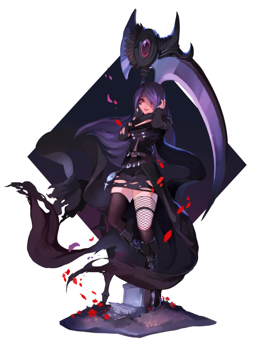 asymmetrical_legwear, belt, black_cape, black_legwear, boots, cape, diamond_(shape), dungeon_and_fighter, female_priest_(dungeon_and_fighter), fishnet_legwear, fishnets, highres, jacket, leather, leather_jacket, long_hair, mistress_(dungeon_and_fighter), petals, pocket_watch, purple_hair, red_pupils, rose_petals, scythe, sveid, tombstone, torn_cape, watch