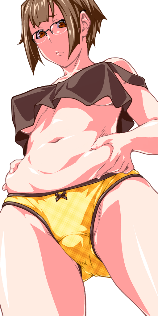 1girl, ass_visible_through_thighs, bangs, belly, belly_grab, black-framed_eyewear, black_shirt, bow, bow_panties, breasts, brown_eyes, brown_hair, closed_mouth, commentary_request, cowboy_shot, crotch_seam, frown, glasses, looking_at_viewer, looking_down, medium_breasts, navel, original, over-rim_eyewear, panties, pinching, plaid, plaid_panties, semi-rimless_eyewear, shirt, short_hair, simple_background, solo, standing, strap_slip, tank_top, thighs, under_boob, underwear, underwear_only, weight_conscious, white_background, yellow_panties, yoshimo_(yoshimo)