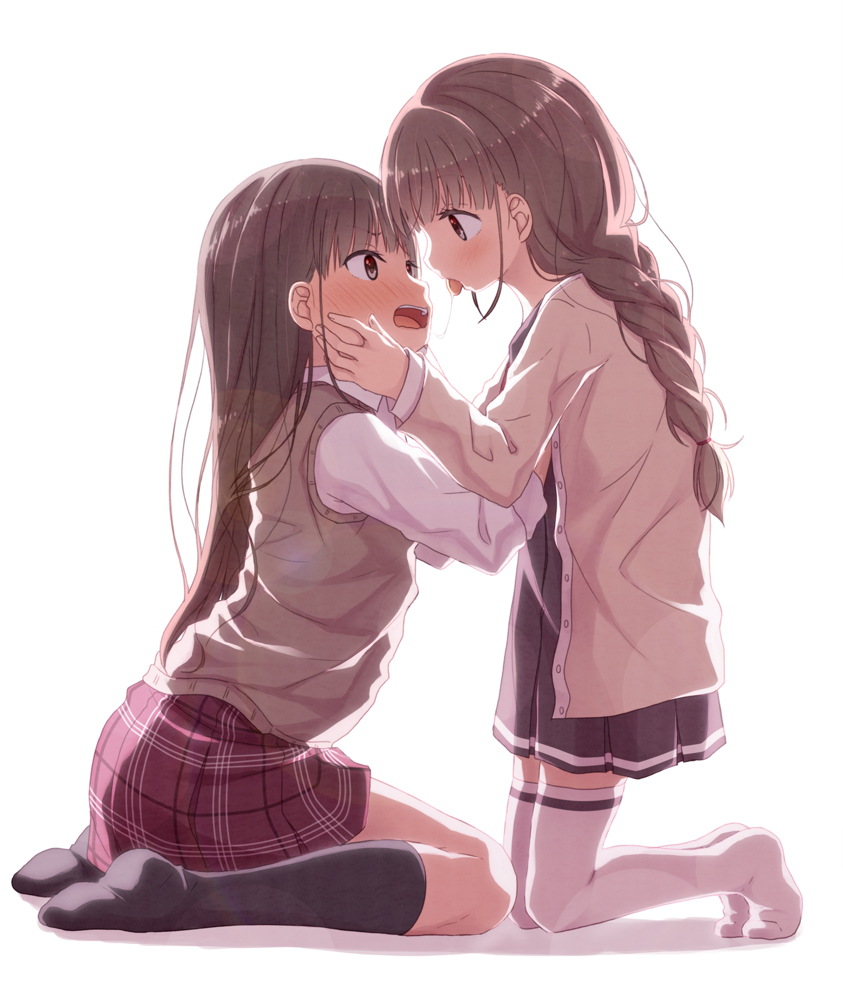 2girls, age_difference, black_legwear, blush, braid, brown_dress, brown_eyes, brown_hair, brown_jacket, collared_shirt, commentary_request, dress, eye_contact, hand_on_another's_cheek, hand_on_another's_face, jacket, kago_no_tori, kneehighs, kneeling, long_hair, long_sleeves, looking_at_another, multiple_girls, no_shoes, nose_blush, open_clothes, open_jacket, open_mouth, original, plaid, plaid_skirt, pleated_dress, pleated_skirt, profile, red_skirt, shadow, shirt, sitting, skirt, sweater_vest, thigh-highs, tongue, tongue_out, very_long_hair, wariza, white_background, white_legwear, white_shirt, yuri