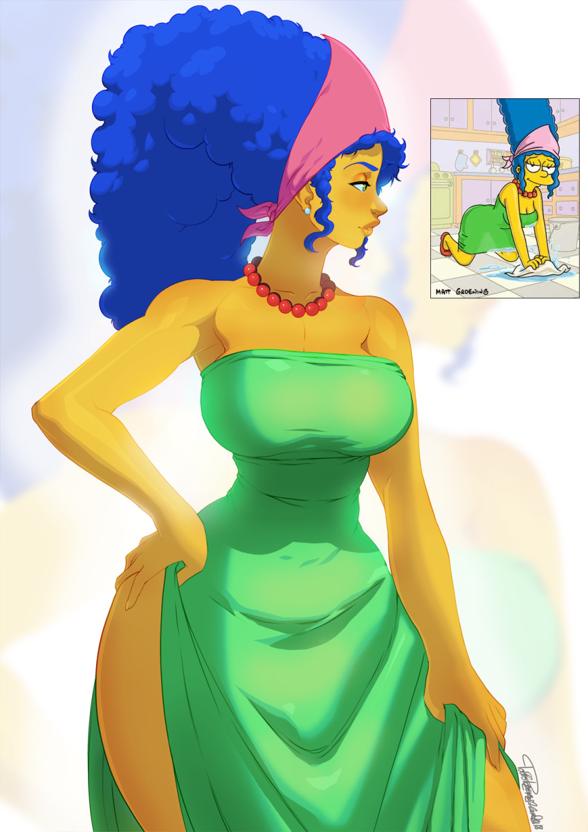 1girl, bandanna, big_hair, blue_hair, breasts, curvy, dress, earrings