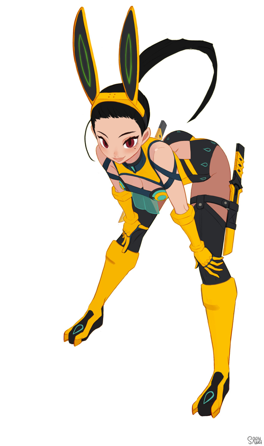 1girl, absurdres, animal_ears, ass, back_cutout, bare_shoulders, bent_over, black_hair, black_legwear, boots, breasts, brown_eyes, cleavage, cleavage_cutout, commentary, downblouse, english_commentary, fake_animal_ears, forehead, full_body, gloves, hair_pulled_back, hands_on_own_knees, highres, hong_soon-sang, knee_boots, leotard, lips, long_hair, medium_breasts, mole, mole_under_eye, original, pantyhose, ponytail, rabbit_ears, sheer_legwear, short_sword, slit_pupils, smile, solo, sword, thigh-highs, thighhighs_over_pantyhose, weapon, yellow_gloves