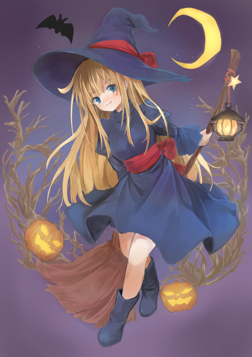 1girl, back_bow, bat, blonde_hair, blue_eyes, blue_hat, blush, bow