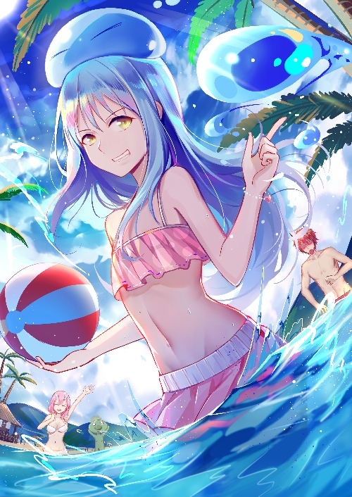 1boy, 1girl, 1other, alternate_form, androgynous, ball, beach, beachball, benimaru_(tensei_shitara_slime_datta_ken), bikini, blue_hair, blue_sky, bracelet, clouds, day, horns, jewelry, long_hair, navel, oni, oni_horns, outdoors, palm_tree, partially_submerged, pink_hair, pink_swimsuit, pos2457564744, redhead, rimuru_tempest, shuna_(tensei_shitara_slime_datta_ken), sky, slime, smile, sunlight, swimsuit, tensei_shitara_slime_datta_ken, tree, water, yellow_eyes