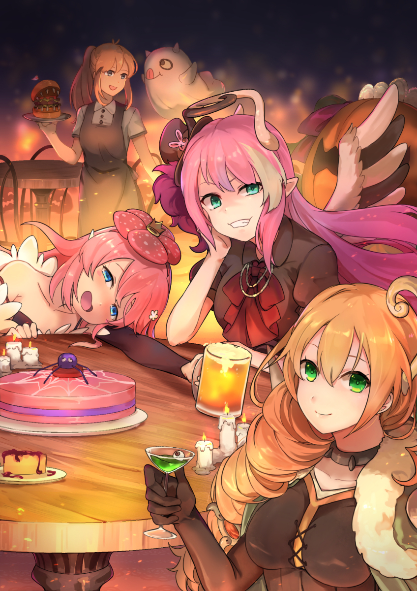4girls, :d, :q, alcohol, apron, bare_shoulders, beer, beer_mug