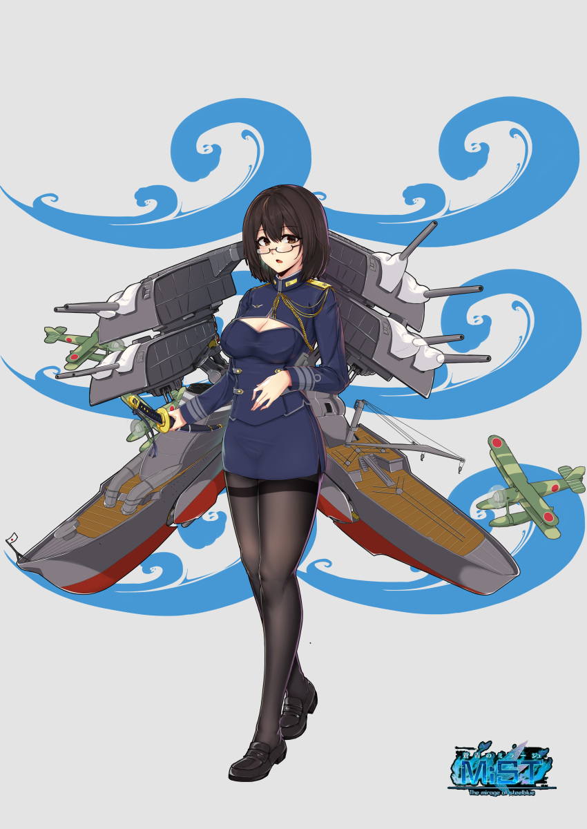 1girl, :o, absurdres, aircraft, airplane, black-framed_eyewear, black_footwear, black_legwear