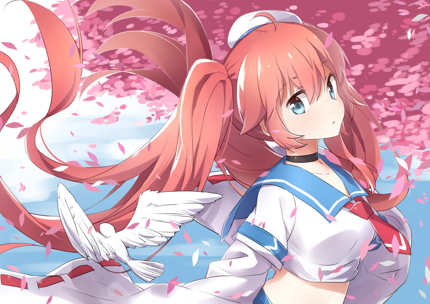 1girl, absurdres, bird, blue_eyes, brown_hair, cherry_blossoms, choker, detached_sleeves