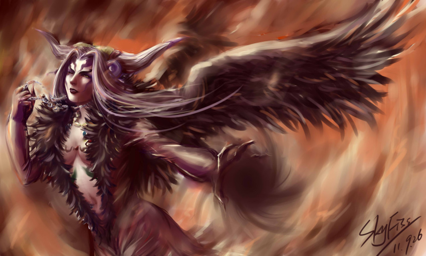 1girl, breasts, cleavage, commentary_request, dress, facial_mark, final_fantasy, final_fantasy_viii, highres, horns, jewelry, long_hair, pointy_ears, skyfiss, solo, sorceress, ultimecia, wings, witch