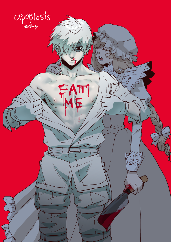 1boy, 1girl, belt, black_eyea, blood, closed_mouth, cover, cover_page, dress, gloves, hataraku_saibou, long_hair, macrophage_(hataraku_saibou), maid, nipples, nosebleed, off_shoulder, red_background, simple_background, u-1146, uniform, white_blood_cell_(hataraku_saibou), white_dress, white_skin, white_uniform