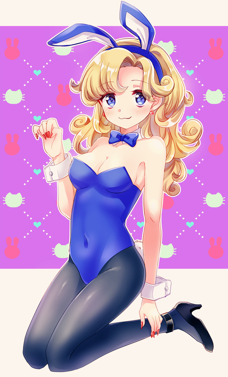 1girl, :3, animal_ears, aononchi, black_footwear, black_legwear, blonde_hair, blue_leotard