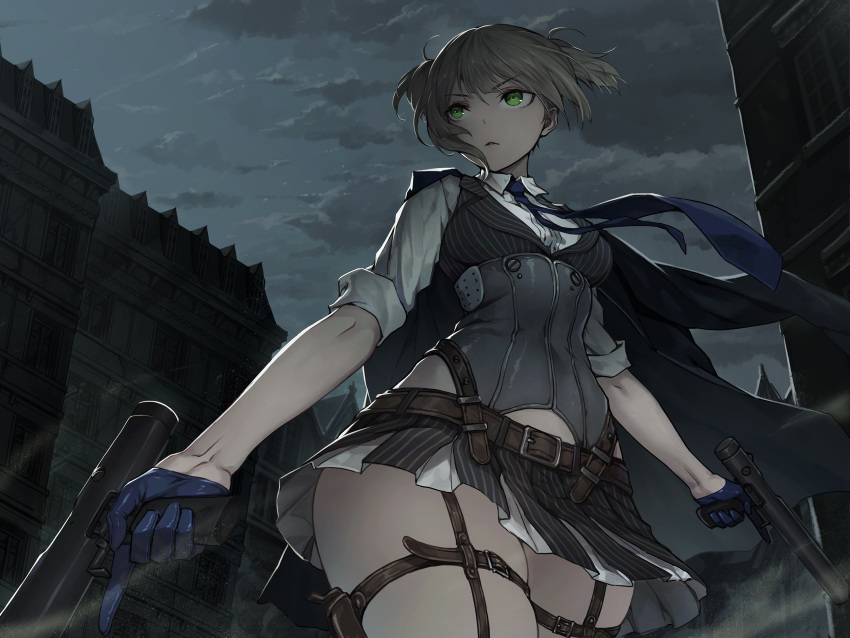 1girl, belt, building, commentary_request, dual_wielding, eyebrows_visible_through_hair, girls_frontline, gloves