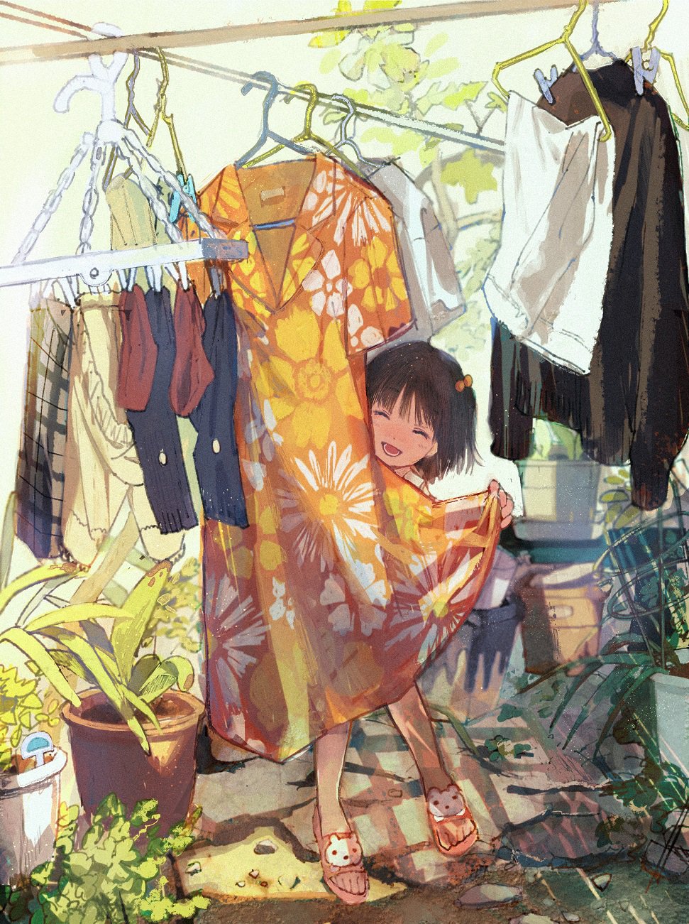 1girl, beads, brown_hair, child, closed_eyes, clothes_hanger, commentary, grin