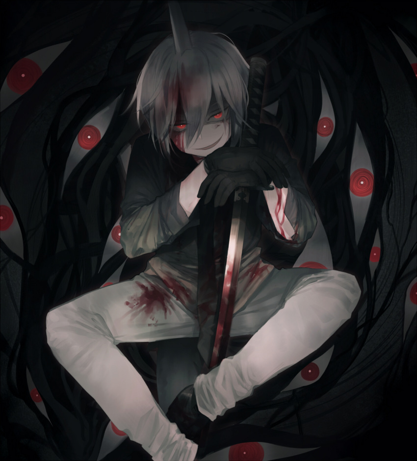 1boy, black_gloves, black_neckwear, black_shirt, blood, blood_on_face, bloody_clothes, bloody_hair