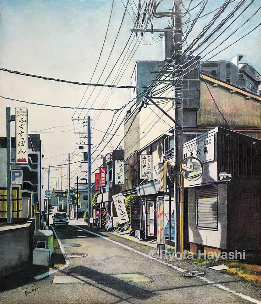 barber_pole, building, car, city, colored_pencil_(medium), commentary, copyright_name, dated