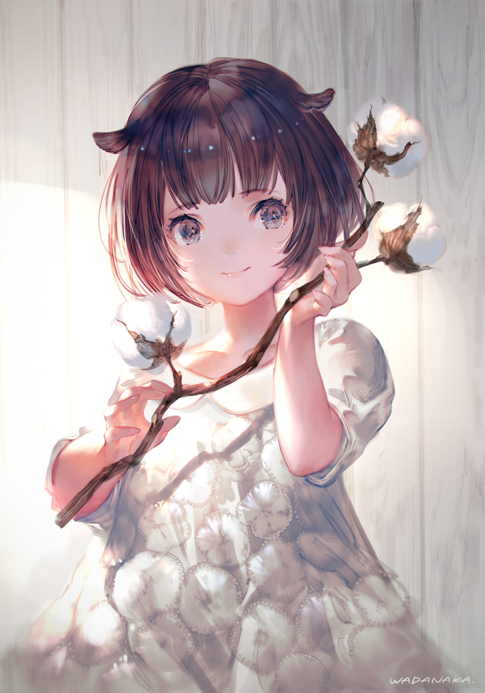 1girl, animal_ears, artist_name, bangs, blue_eyes, brown_hair, closed_mouth, collarbone, cotton_boll, dress, eyebrows_visible_through_hair, fingernails, flower, holding, holding_flower, original, short_hair, short_sleeves, smile, solo, upper_body, wadanaka
