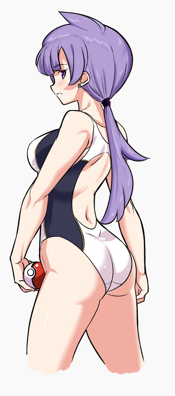1girl, ahoge, ass, breasts, bright_pupils, commentary_request, competition_swimsuit, cowboy_shot