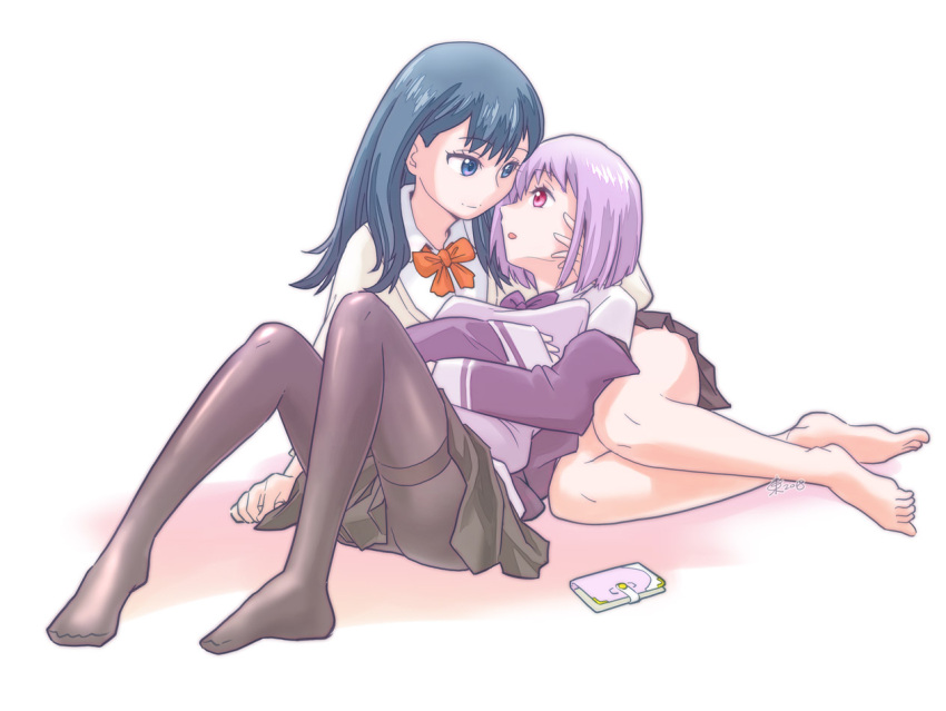 2girls, barefoot, black_hair, black_legwear, black_skirt, blue_eyes, bow, bowtie, cardigan, collared_shirt, eye_contact, ikari_don, jacket, lavender_hair, long_sleeves, looking_at_another, microskirt, multiple_girls, off_shoulder, pantyhose, pillow, pillow_hug, pink_eyes, pleated_skirt, purple_bow, purple_jacket, purple_neckwear, red_bow, red_neckwear, shinjou_akane, shirt, skirt, smile, ssss.gridman, takarada_rikka, white_cardigan, white_shirt, yuri