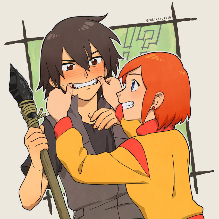 blue_eyes, blush, brown_eyes, brown_hair, forced_smile, highres, jacket, kaoru_(mujin_wakusei_survive)