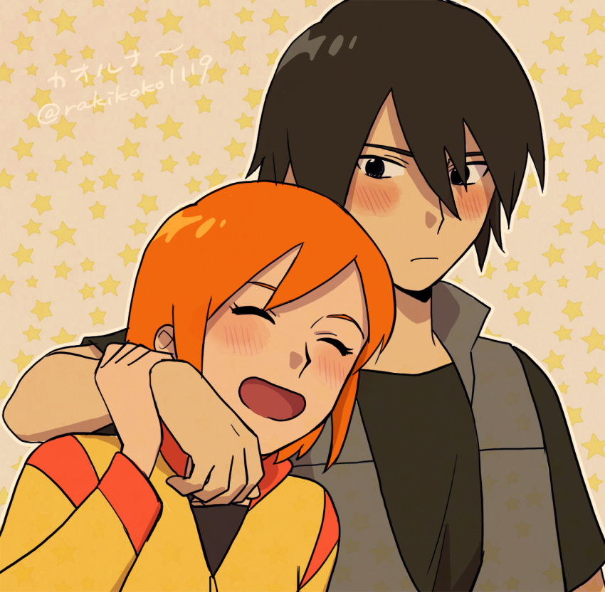 arms_around_neck, blush, kaoru_(mujin_wakusei_survive), luna_(mujin_wakusei_survive), mujin_wakusei_survive, rakikoko, simple_background, smile