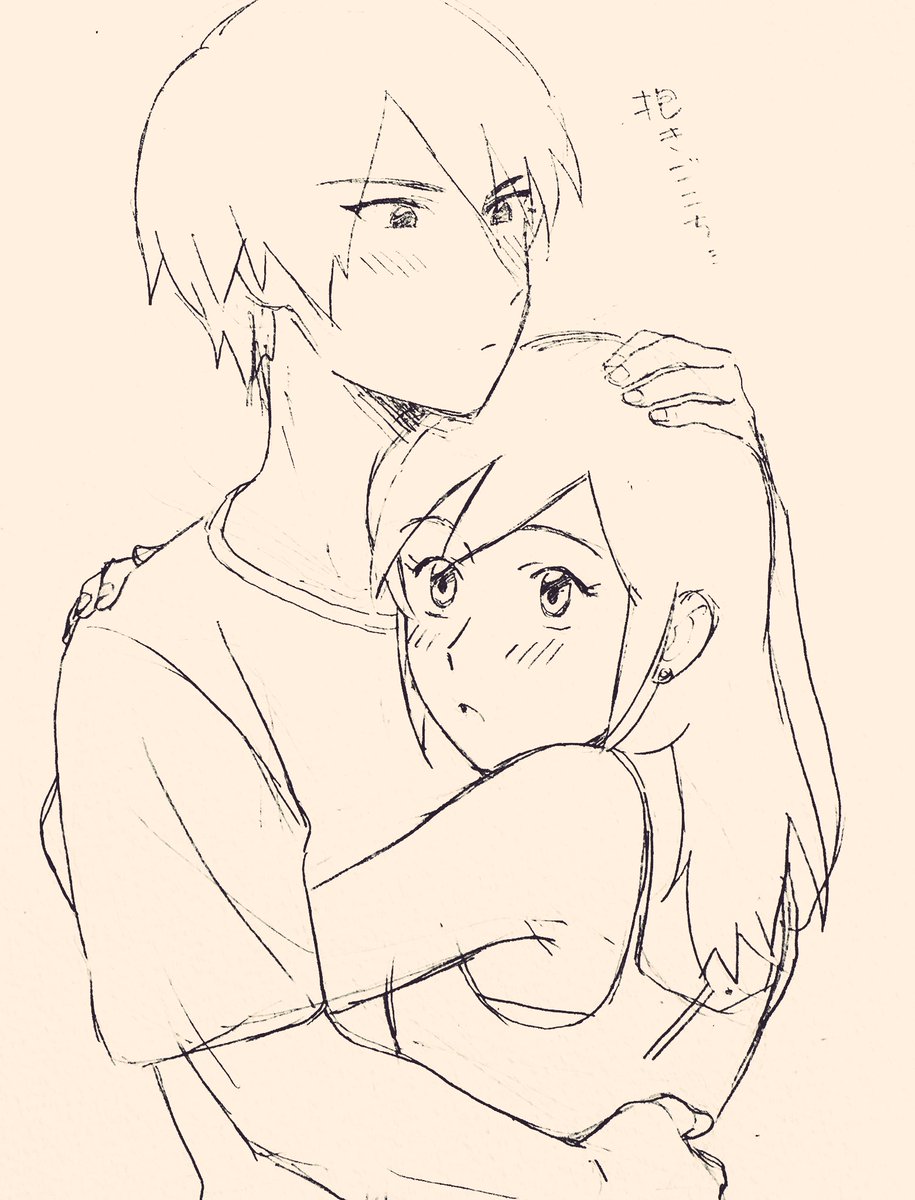 blush, highres, hug, kaoru_(mujin_wakusei_survive), luna_(mujin_wakusei_survive), monochrome, mujin_wakusei_survive, rakikoko