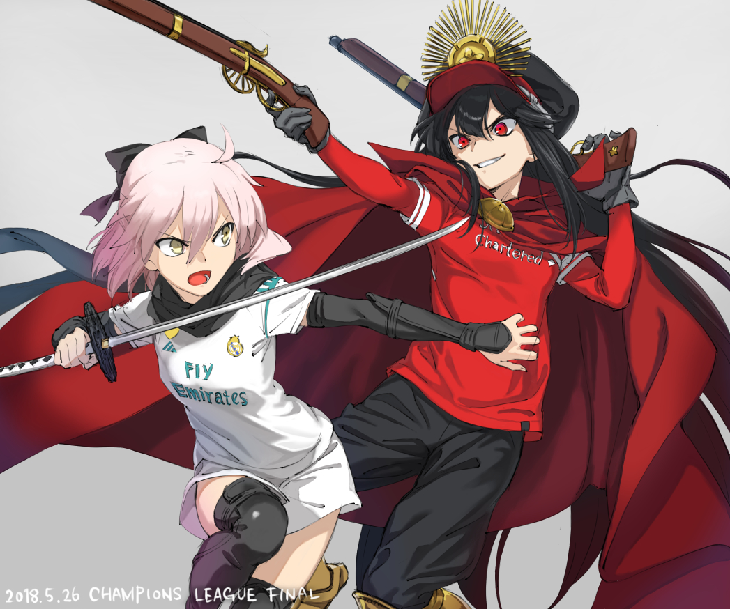 2girls, black_scarf, cape, fate/grand_order, fate_(series), gun, hat, katana