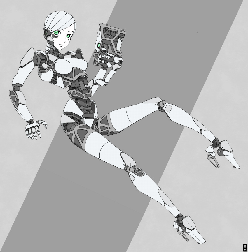 1girl, absurdres, android, breasts, finger_on_trigger, green_eyes, gun, highres