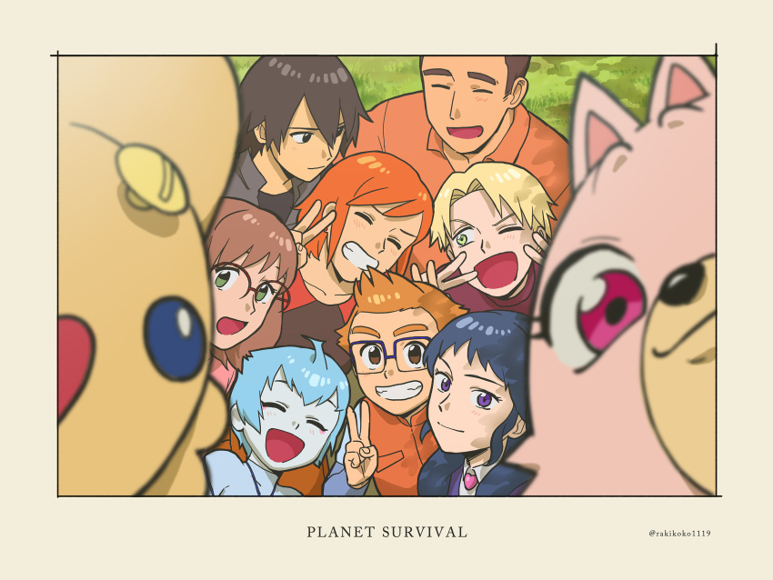 adam_(mujin_wakusei_survive), bell_(mujin_wakusei_survive), chako_(mujin_wakusei_survive), highres, howard, kaoru_(mujin_wakusei_survive), luna_(mujin_wakusei_survive), menori, mujin_wakusei_survive, photo_(object), rakikoko, sharla, shingo_(mujin_wakusei_survive), smile, tako_(mujin_wakusei_survive)