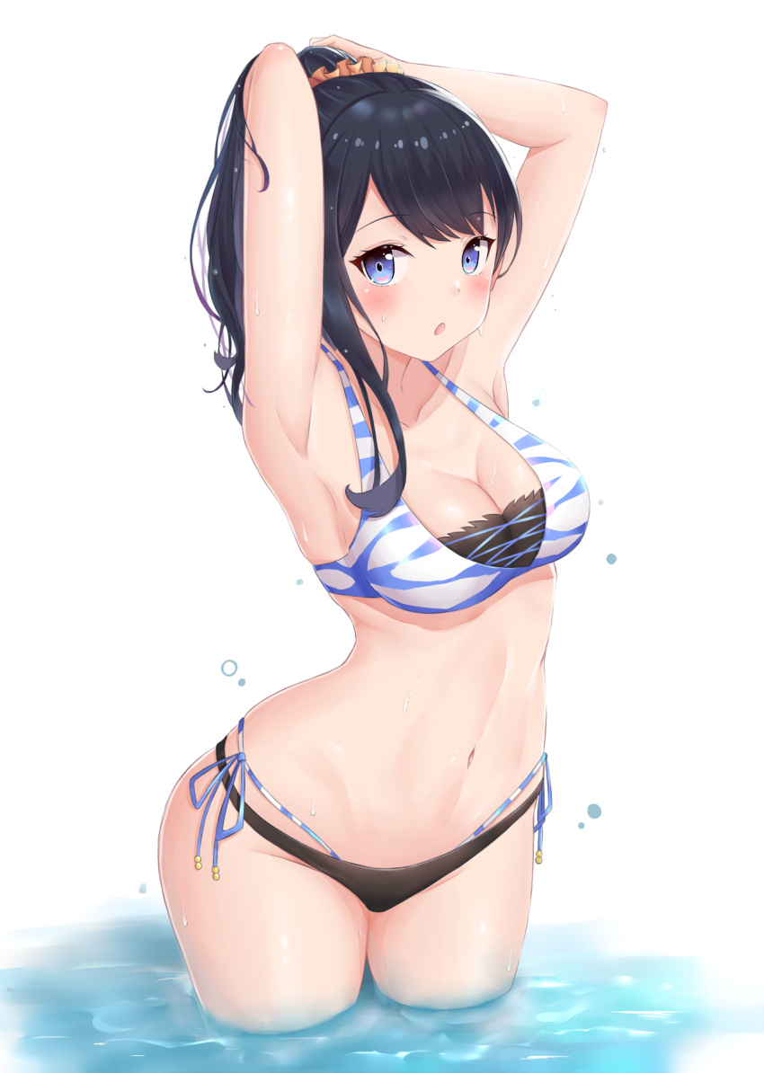 1girl, :o, animal_print, armpits, arms_behind_head, bikini, black_hair, blue_eyes, blush, breasts, cleavage, collarbone, commentary_request, eyebrows_visible_through_hair, hair_ornament, hair_scrunchie, highres, looking_at_viewer, medium_breasts, mentai_mayo, navel, orange_scrunchie, partially_submerged, scrunchie, short_hair, side-tie_bikini, simple_background, solo, ssss.gridman, swimsuit, takarada_rikka, tiger_print, water, wet, white_background