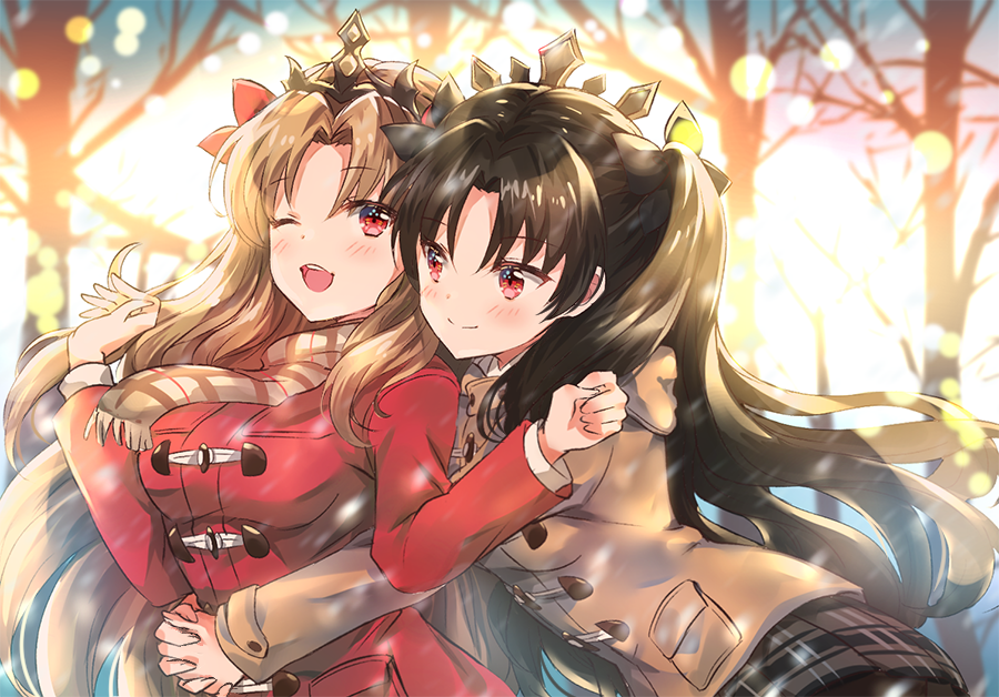 2girls, ;d, bangs, bare_tree, black_bow, black_hair, blush, bow