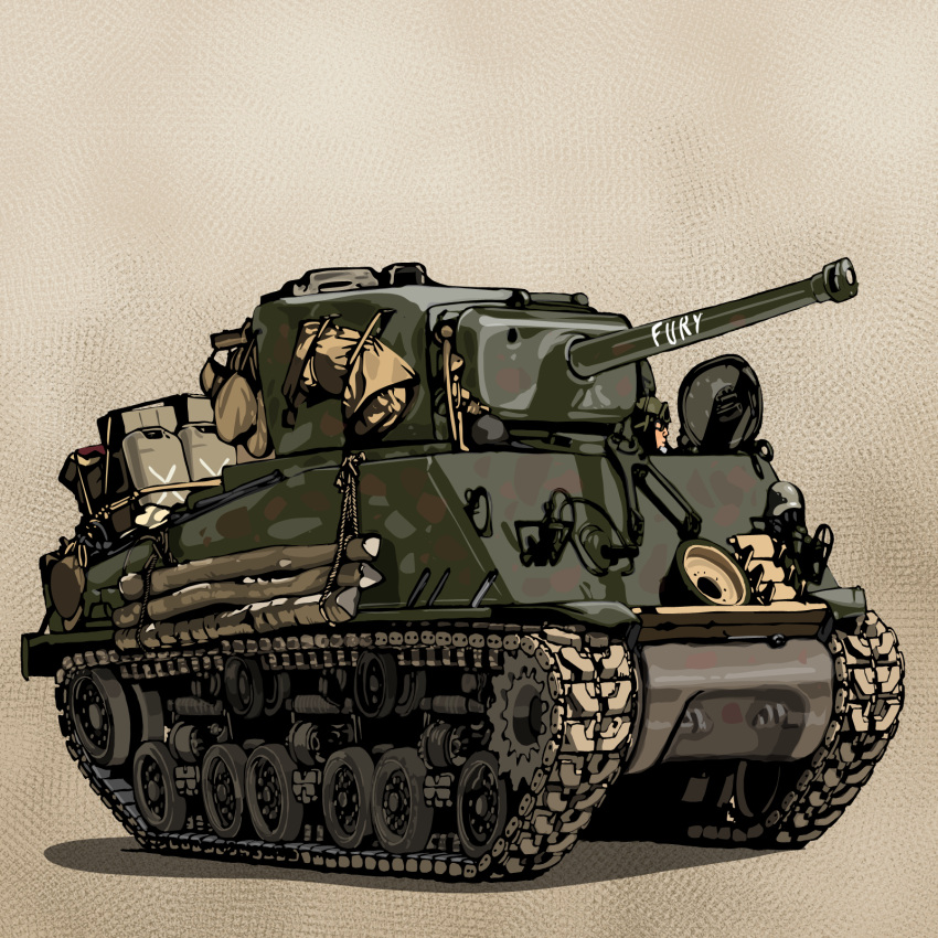 1boy, caterpillar_tracks, fury_(movie), ground_vehicle, highres, kamu_(kamu-fb), m4_sherman, military