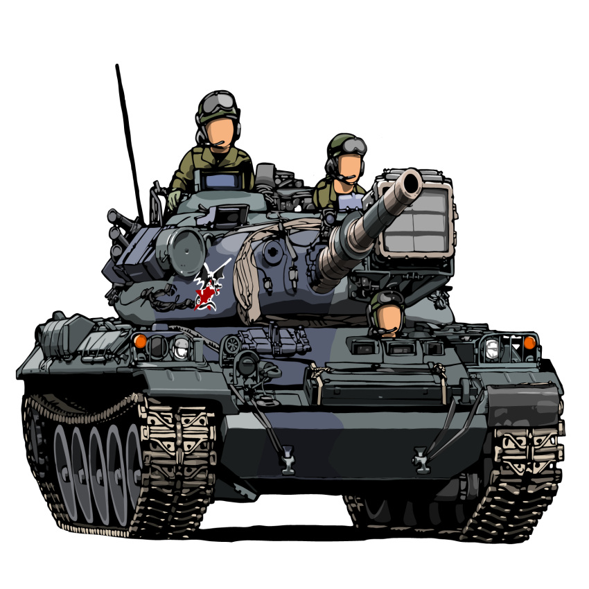 3boys, caterpillar_tracks, ground_vehicle, highres, japan_ground_self-defense_force, japan_self-defense_force, kamu_(kamu-fb), military