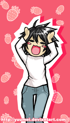 animated, animated_gif, bags_under_eyes, caramelldansen, dance, dancing, death_note, food, fruit, fruit_background, gif, happy, l, lowres, male, solo, strawberries, strawberry, watermark, wenqing_yan, yuumei