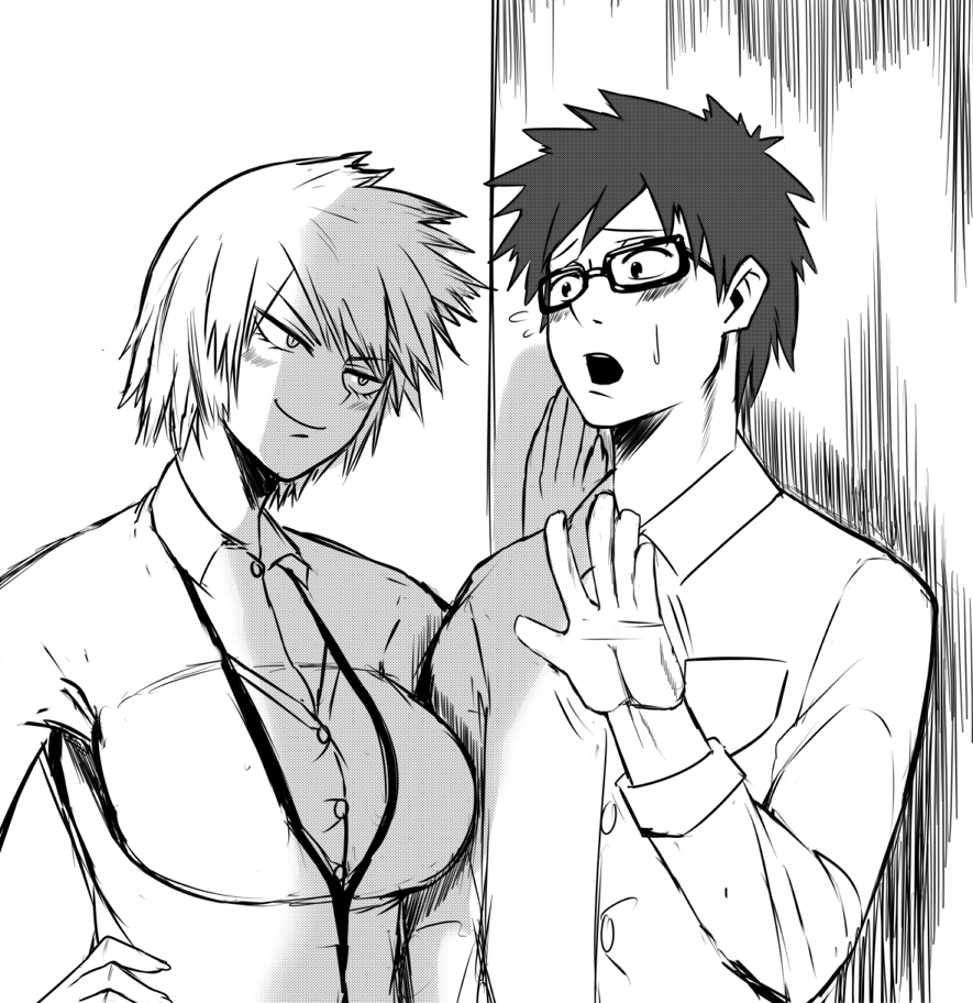 1boy, 1girl, against_wall, bakugou_masaru, bakugou_mitsuki, blush, boku_no_hero_academia, breasts