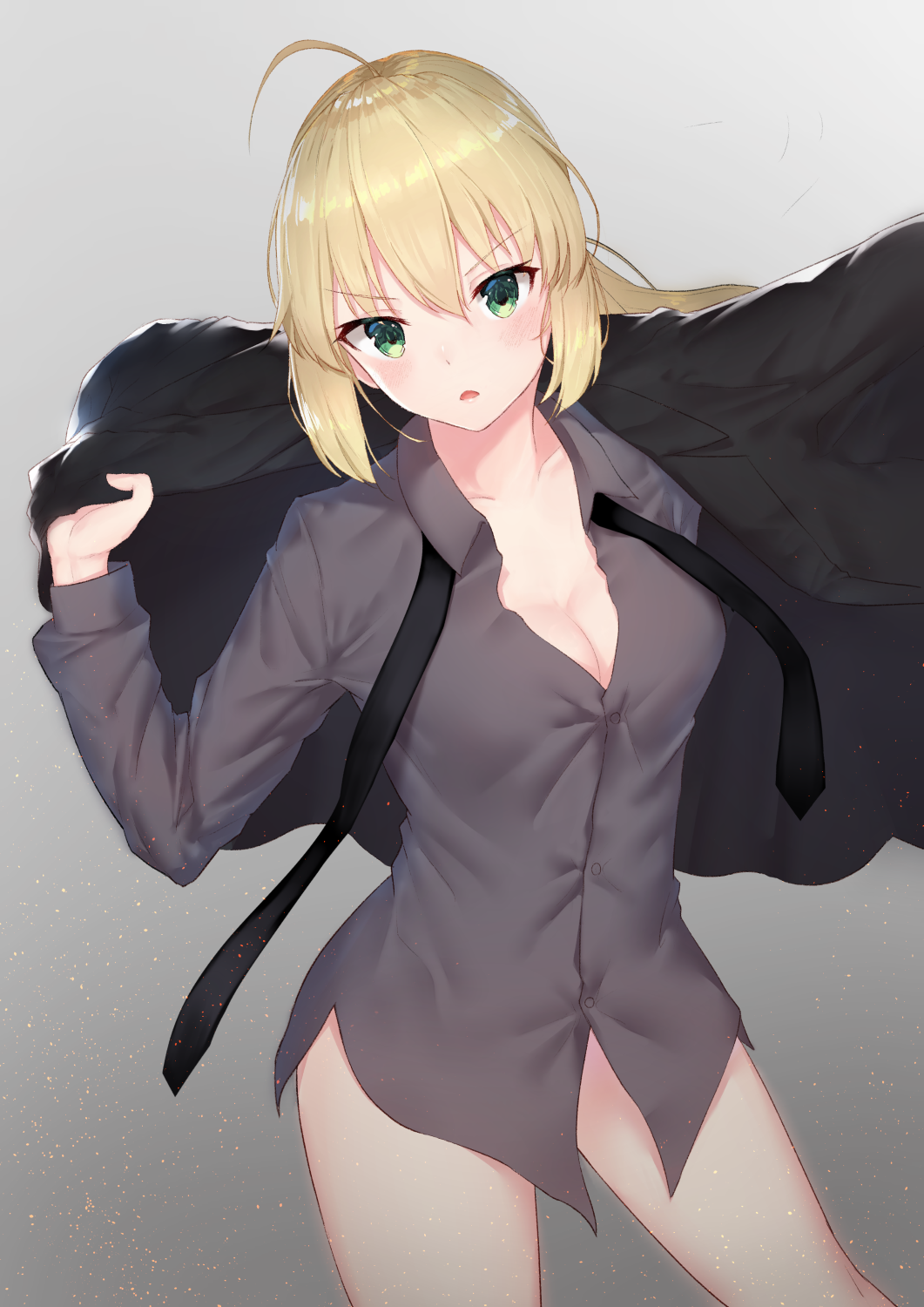 1girl, ahoge, arm_up, artoria_pendragon_(all), bangs, black_jacket, black_neckwear, black_shirt