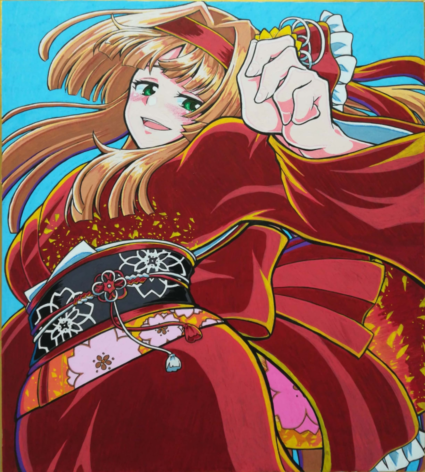 1girl, :d, blue_background, brown_hair, floral_print, flower, green_eyes, hair_flower, hair_intakes, hair_ornament, hairband, hand_up, highres, japanese_clothes, kimono, obi, open_mouth, rean_(sennen_sensou_aigis), red_hairband, red_kimono, sash, sennen_sensou_aigis, simple_background, smile, soune1000, standing, traditional_media, wide_sleeves, yukata
