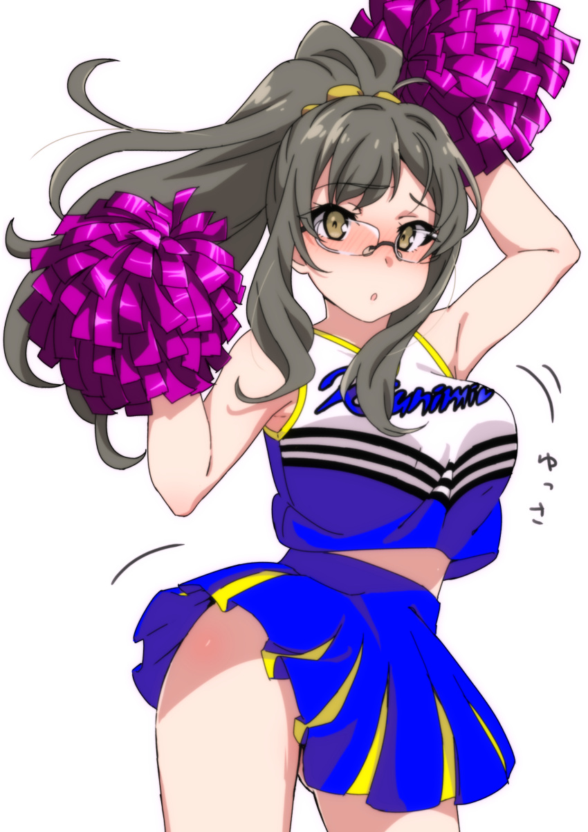 1girl, :o, absurdres, blush, bouncing_breasts, breasts, brown_eyes, cheerleader
