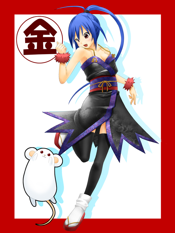blue_hair, dress, fang, kintarou_(kintarou's_room), kintarou_(kintarou's_room), long_hair, mouse, ponytail