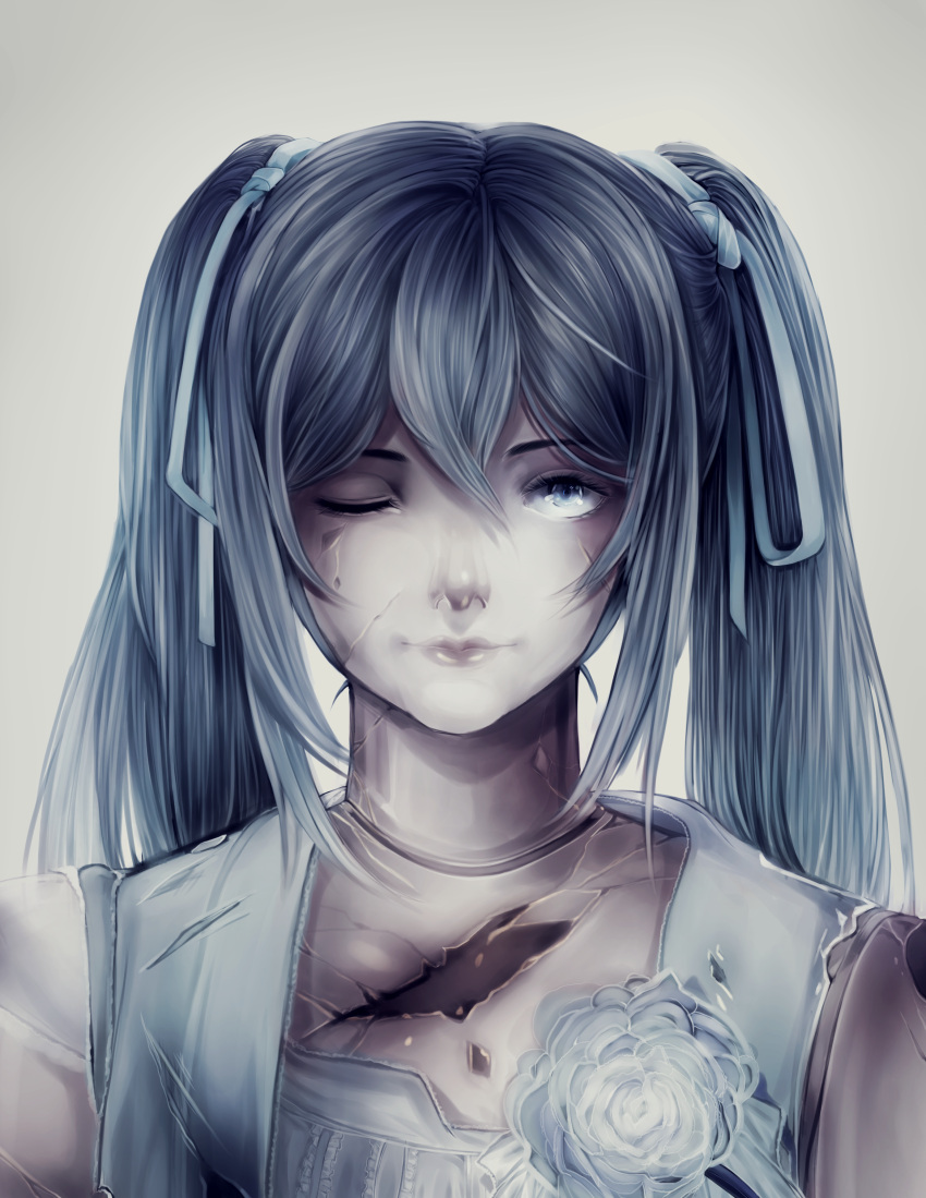 1girl, absurdres, aqua_eyes, bare_shoulders, blue_dress, blue_eyes, blue_hair, cracked_skin, doll, doll_joints, dress, evillious_nendaiki, eyelashes, hair_ribbon, hatsune_miku, highres, lips, margarita_blankenheim, nemurase_hime_kara_no_okurimono_(vocaloid), nose, pale_skin, ribbon, rlf_00, solo, vocaloid