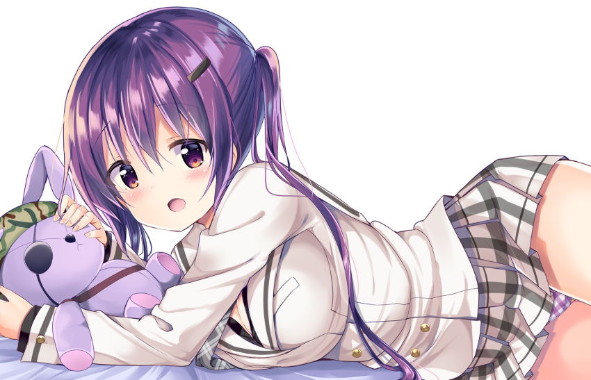 1girl, :d, bed_sheet, commentary_request, eyepatch, gochuumon_wa_usagi_desu_ka?, hair_ornament, hairclip