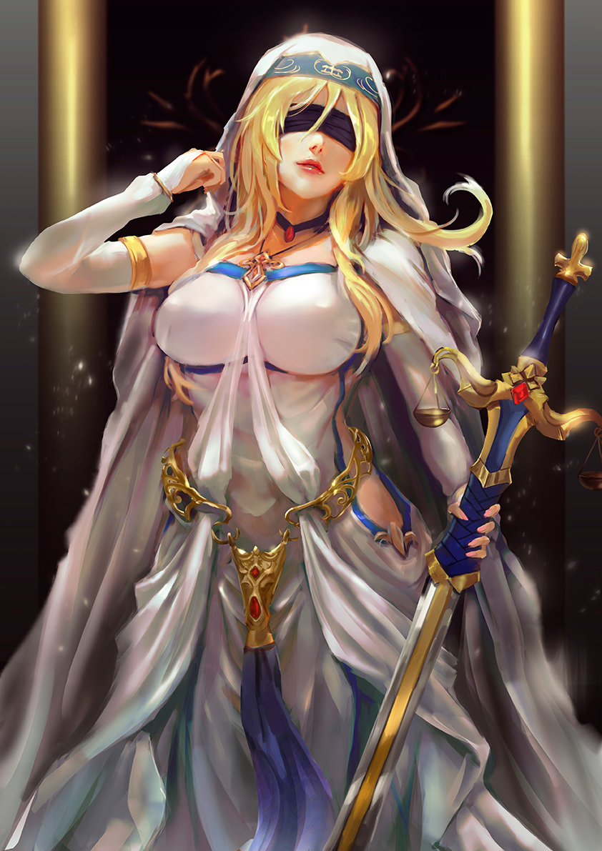 1girl, arm_up, bangs, black_blindfold, blindfold, blonde_hair, breasts, cglas