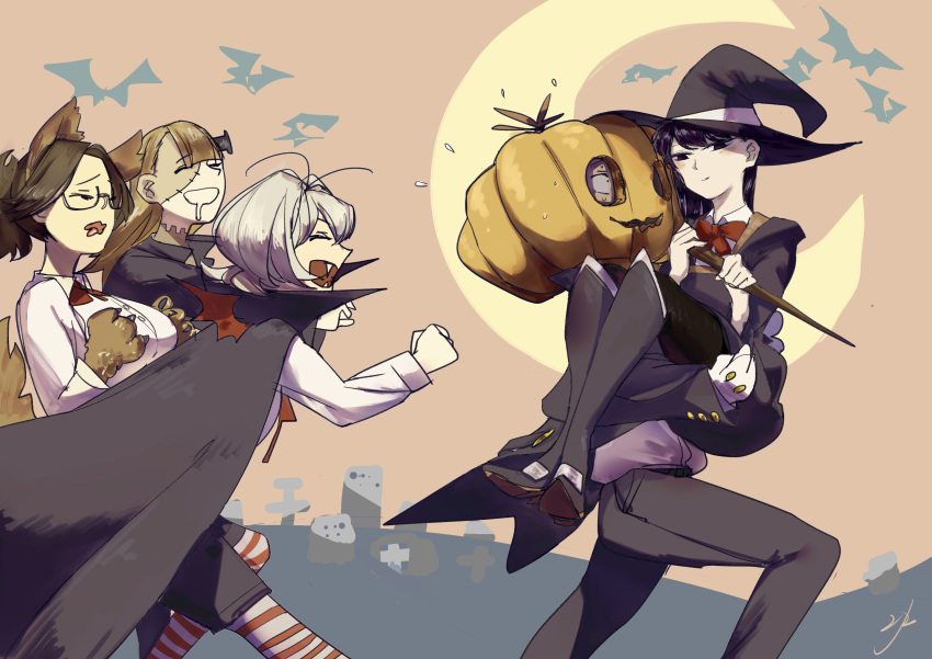 1boy, 4girls, absurdres, agari_himiko, black_eyes, black_hair, blonde_hair, brown_hair