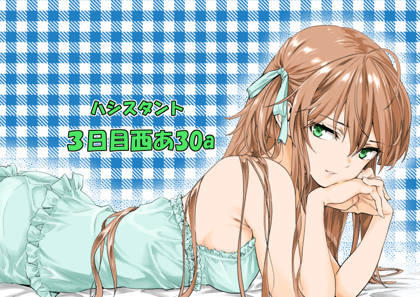 1girl, ahoge, azusagawa_tsukino, breasts, brown_hair, from_side, green_eyes, hands_together
