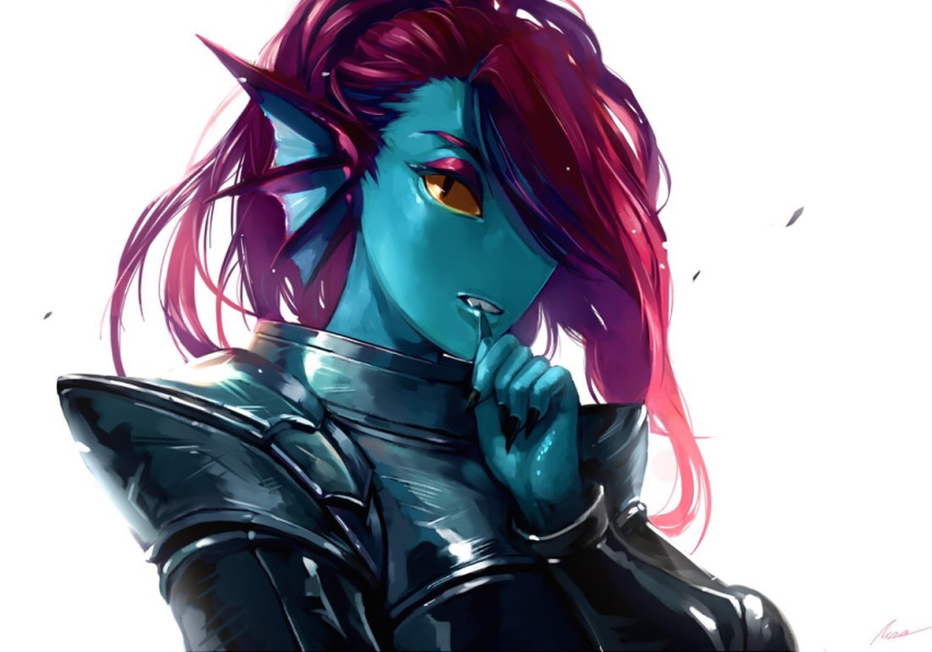 1girl, armor, black_nails, blue_skin, hair_over_one_eye, hand_up, head_fins, looking_at_viewer