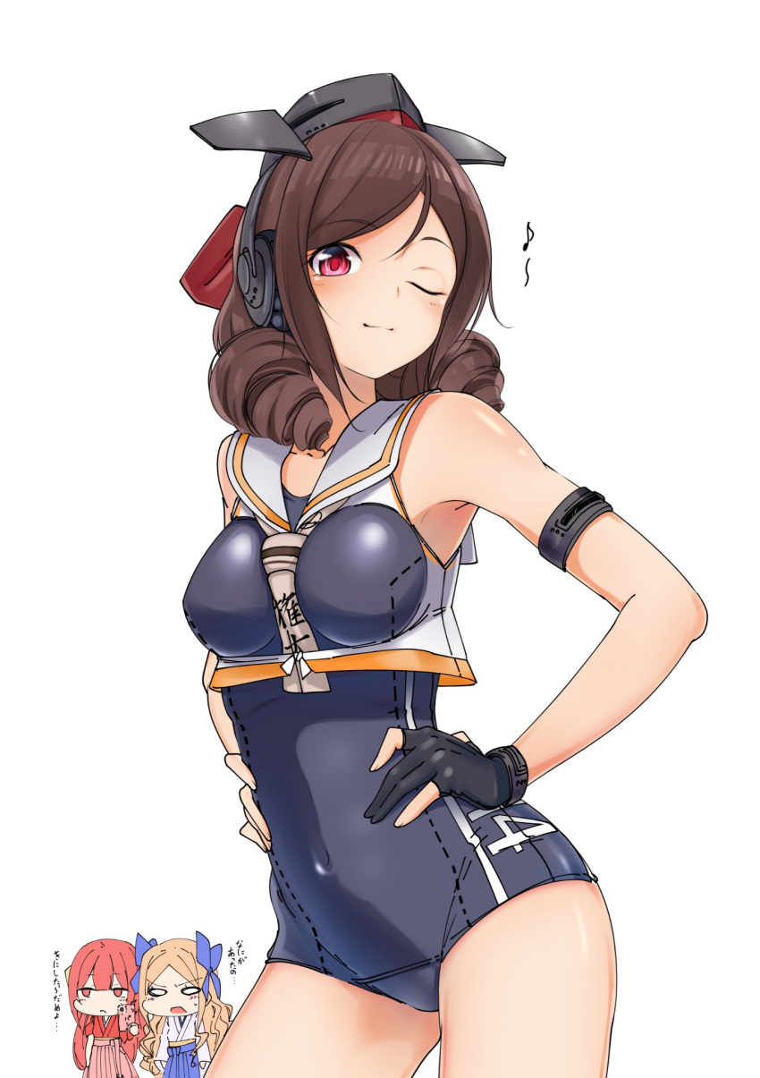 3girls, alternate_costume, armpits, asakaze_(kantai_collection), bangs, blonde_hair, blue_bow, blue_swimsuit