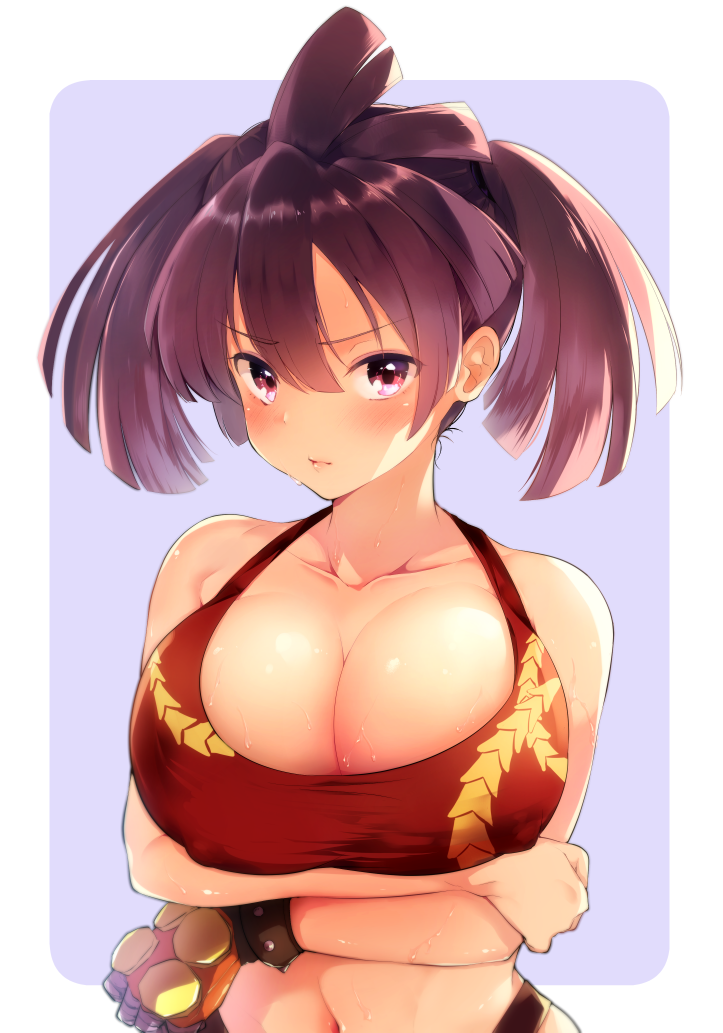 1girl, bare_shoulders, blush, breast_hold, breasts, calm_mashiro, cestus_(sekaiju), cleavage