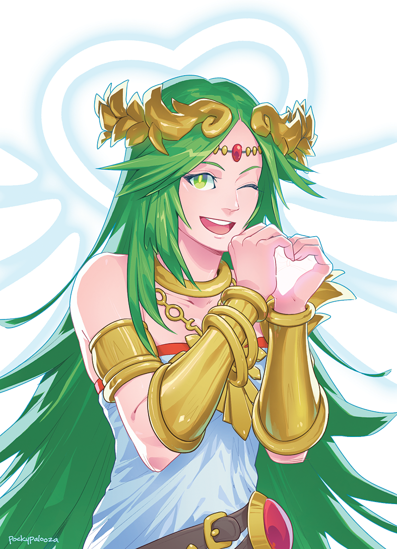 1girl, bare_shoulders, breasts, dress, goddess, green_eyes, green_hair, heart
